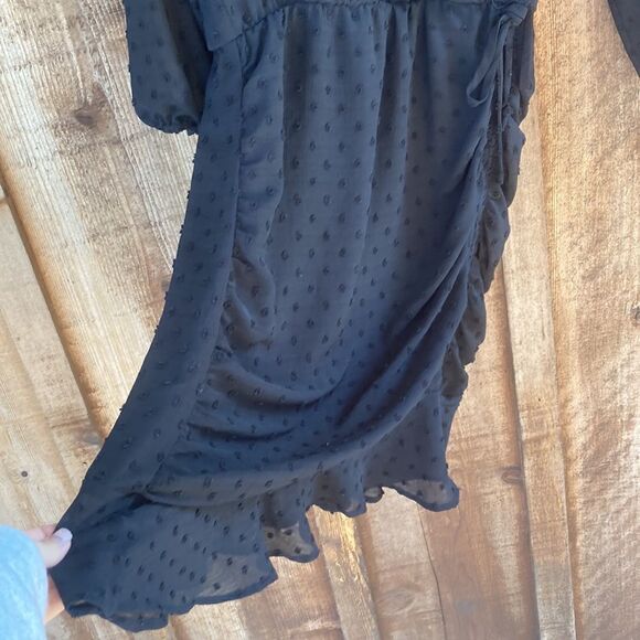 Q&A V-neck Wrap Ruched Clip Textured- Swiss Dot Mini Ruffle Dress in Black - Picture 3 of 11